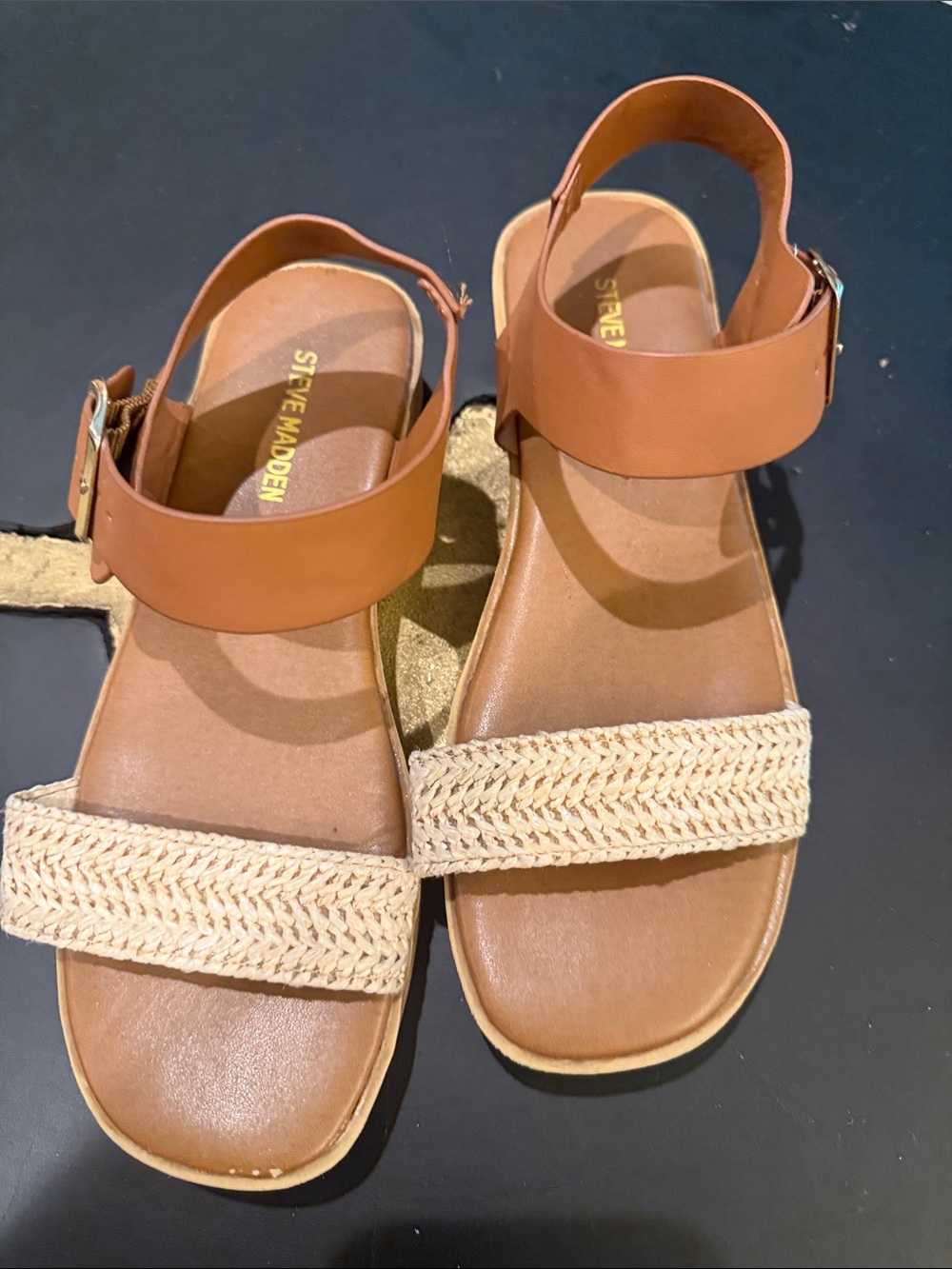 Girls Steve Madden Cognac Leather Wedge Sandals w/Braided Natural Strap size 3